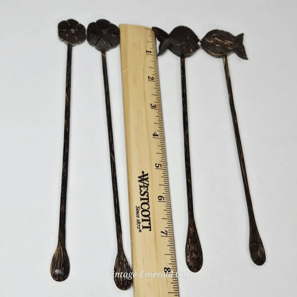 Vtg Coconut Drink Stirs Sticks Fish Flower Mini Spoons Luau Tiki Bar Beach Party